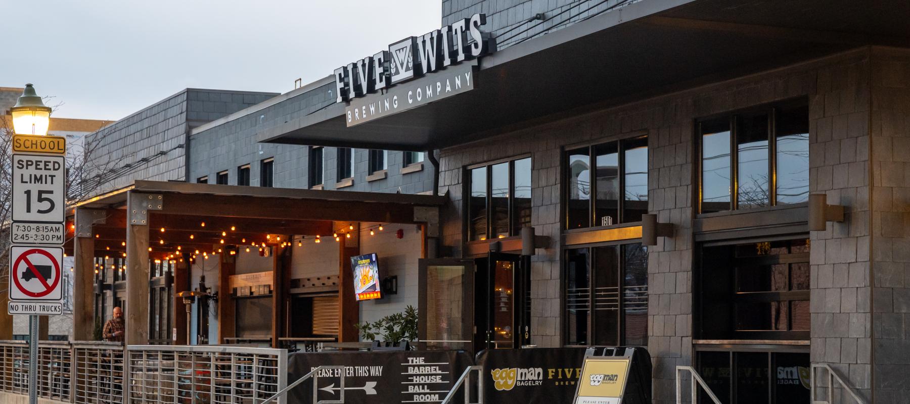 Outside of Five Wits brewery. Shows entrance to barrelhouse ballroom venue.