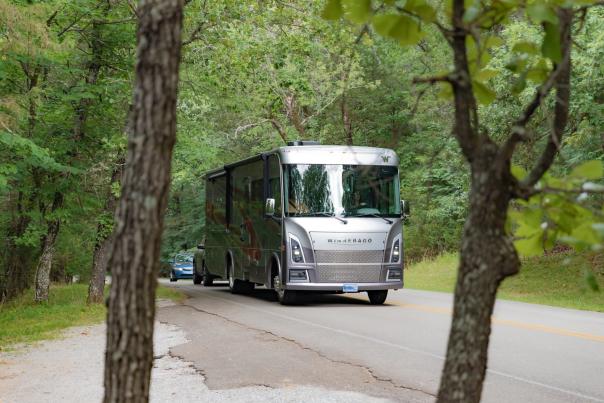 RV from RV There Yet? driving into Harrison Bay State Park