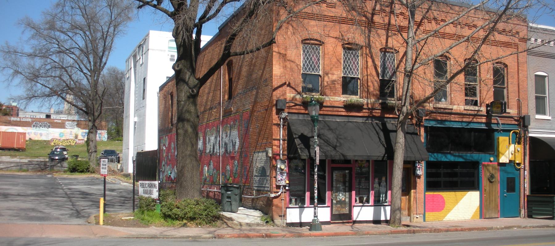 Outside of music venue. Brick building.