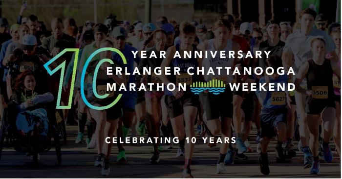 Runners at the marathon starting line with text overlay that reads: 10 Year Anniversary | Erlanger Chattanooga Marathon Weekend | Celebrating 10 Years