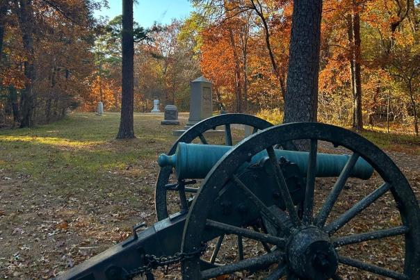 A scene from Chickamauga battlefield in the fall with canon and historic markers