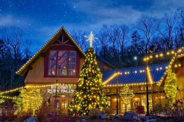 Ruby Falls exterior lit up for holidays