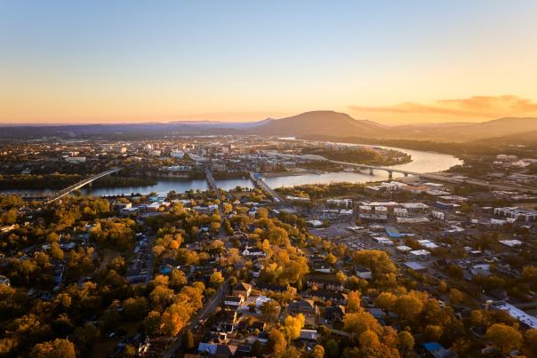 aerial image of north chattanooga, with river, city, and lookout mountain in background